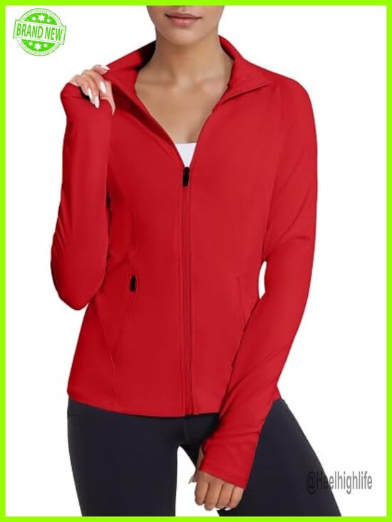 Jackets & Blazers - Zip Up Athletic Jacket with Pockets Thumb Holes Stretch Full Zip Running Yoga